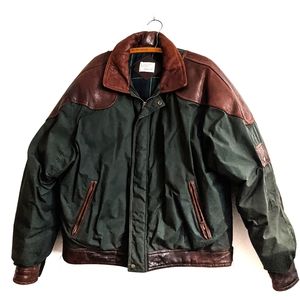 Vintage Hunter Green Brown Leather Bomber Jacket